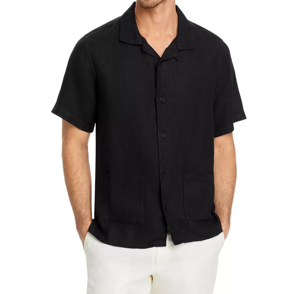 WAX LONDON Shirt Mens Large Solid Black Button Up Pockets 100% Linen REN $165